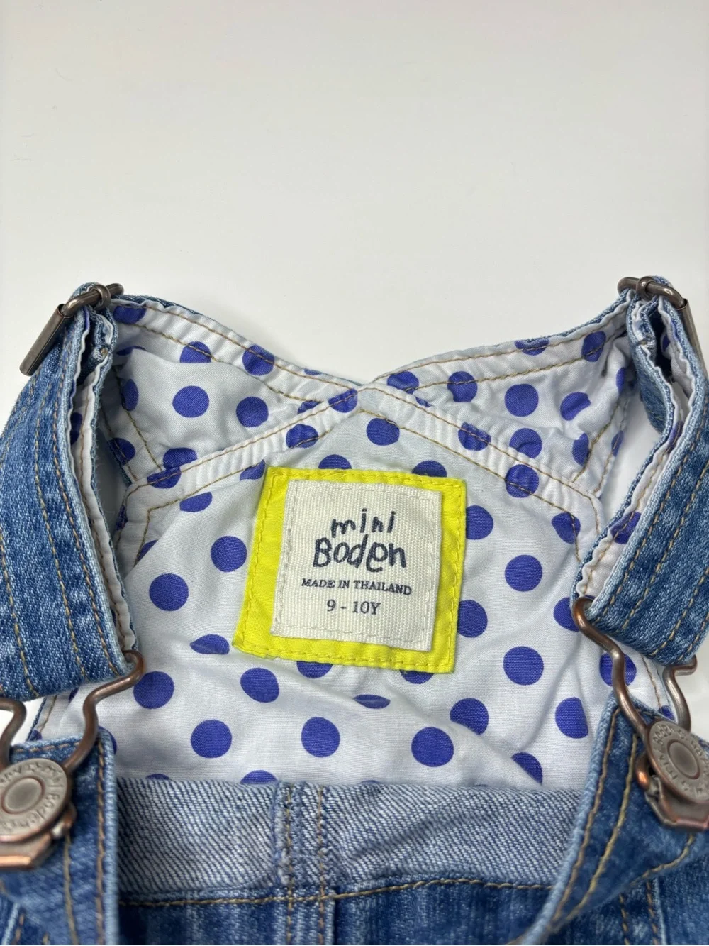 Mini Boden Blue Denim Girls' Overall Dress with Polka Dot Lining